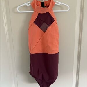 Orange and Burgundy Halter Girls Leotard